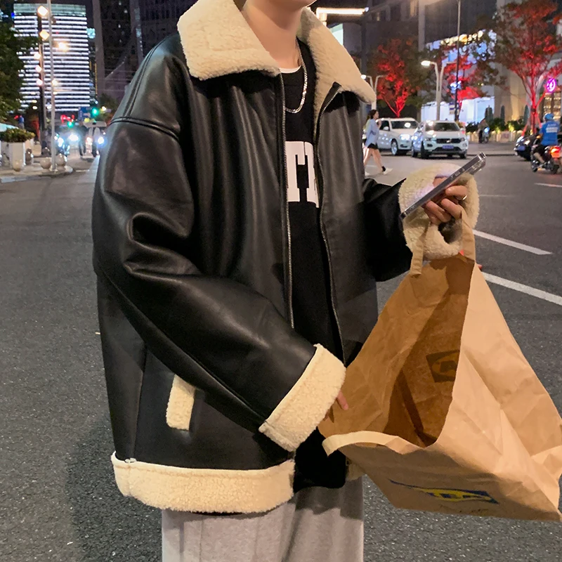 Winter Thick Leather Jacket Men Warm Fashion Retro Lamb Wool Jacket Men Streetwear Korean Loose Short Coat Mens Outwear Jackets