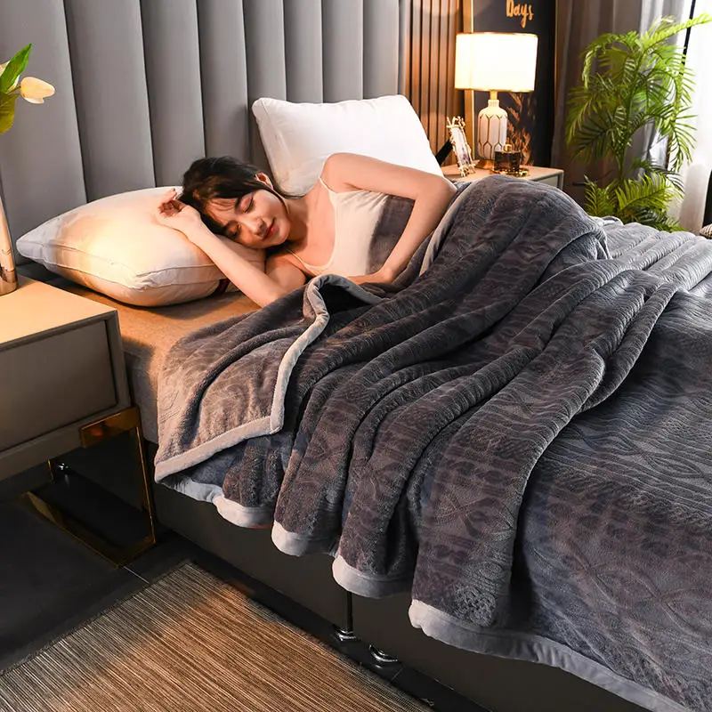 

Flannel Blanket For Bed Queen Size Gray Color Plaid For Kids Thick Throw Double Layer Blanket On The Sofa Fluffy Bed Linen