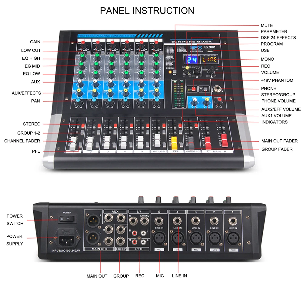 Профессиональный звуковой микшер 6-канальный диджейский миксер консоль с DSP