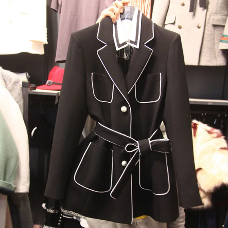 Женский офисный пиджак на пуговицах Длинный блейзер шнуровке с жемчужинами