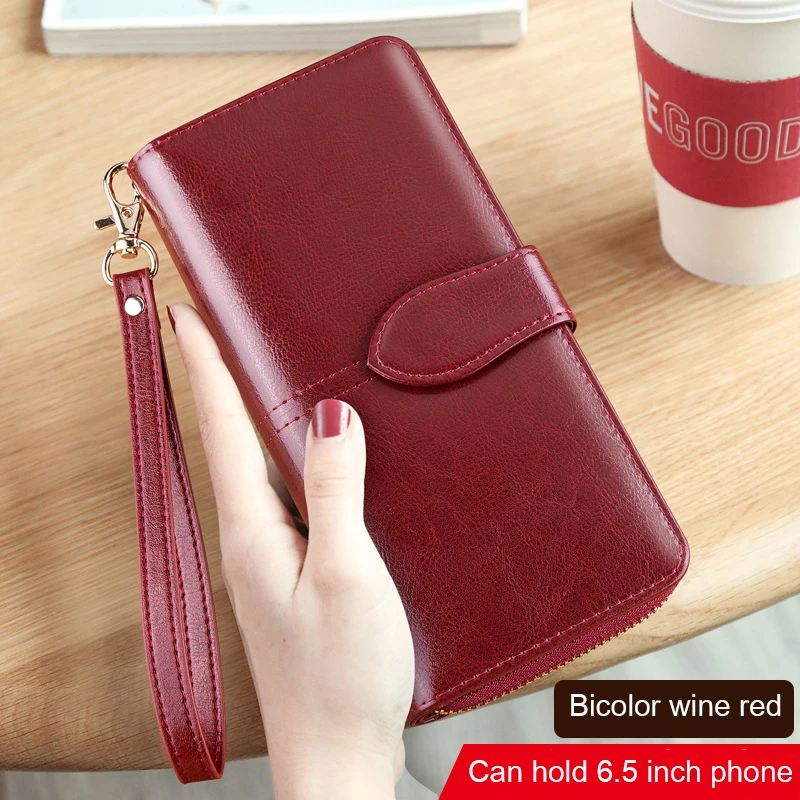 

New Genuine Leather Red Wallets Women Long Purse Female Black Wallets Credit Card Holder Organizer Wallet Woman Clutch Pink Bags