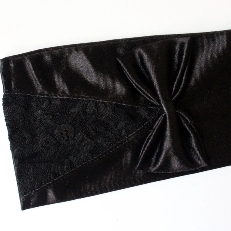 

Black Satin Full Finger Long Gloves Floral Lace Patchwork Bowknot Wedding Mitten