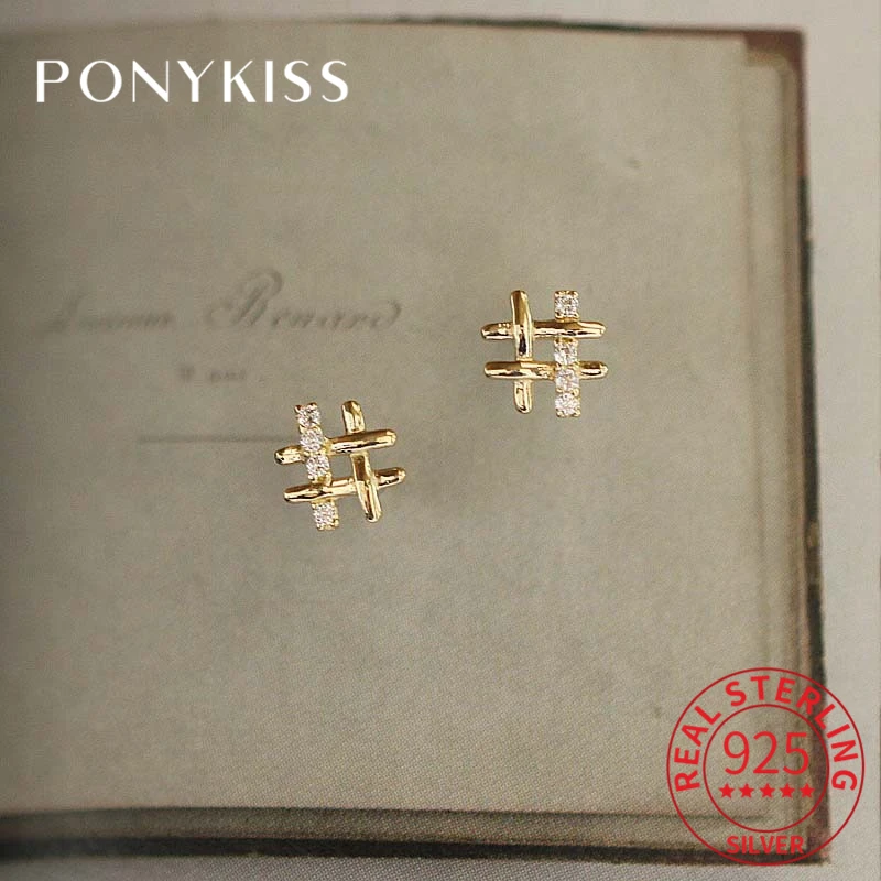 

Минималистичные серьги-гвоздики PONYKISS из стерлингового серебра 100% пробы с хэштегом и цирконием для Женщин, Модные Изящные ювелирные изделия...