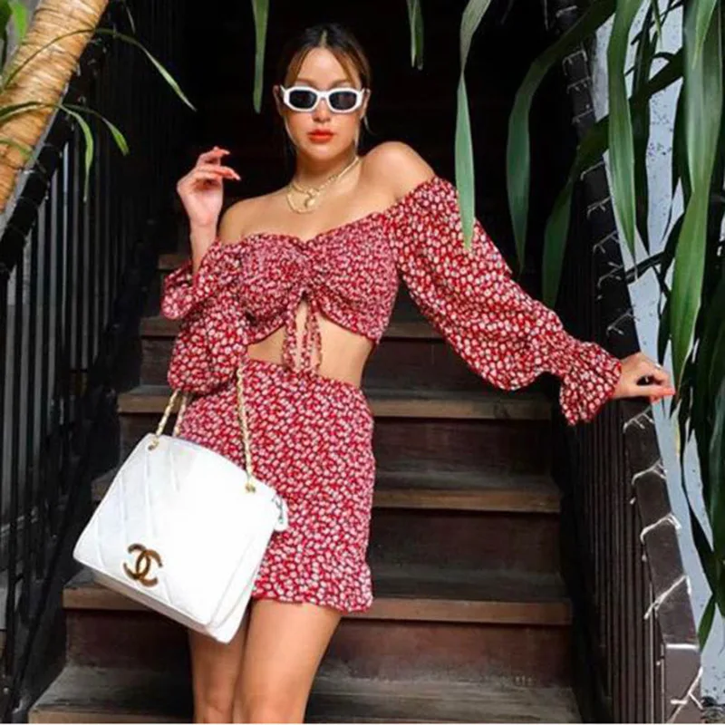 

Женский мини-костюм с юбкой, элегантный комплект из двух предметов с пышными рукавами и плиссированным коротким топом с цветочным принтом