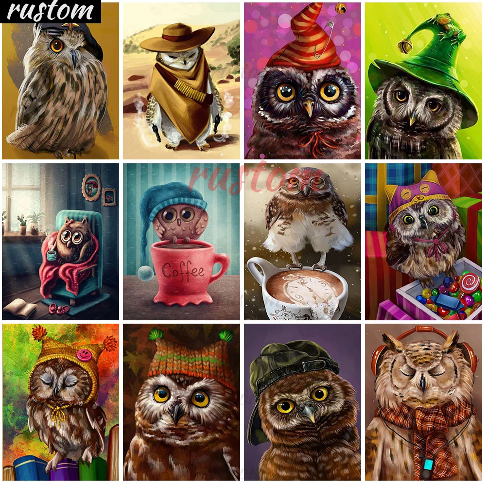 

5D Full Round Diy Diamond Painting Animal Owl with Hat Mosaic Embroidery Bird Cross Stitch Kits Home Decoration Wall Stickers