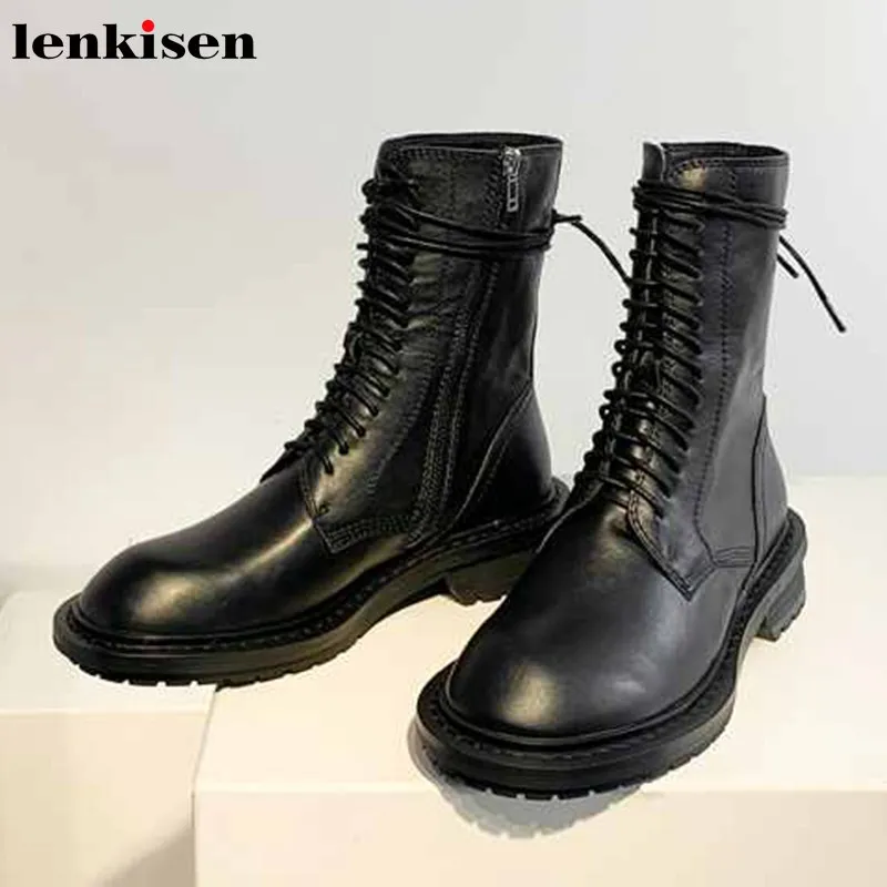 

Lenkisen/Популярные брендовые модные сапоги из натуральной кожи; зимние простые теплые сапоги до середины икры на шнуровке с круглым носком на ...