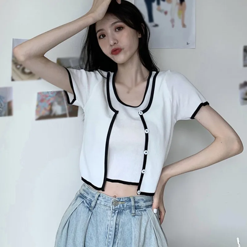 

Summer Women's Fake Two Pieces Casual O Neck Kintted Tops Fashion Short Sleeve Solid Wild Sweaters Pullovers Mujer De Moda