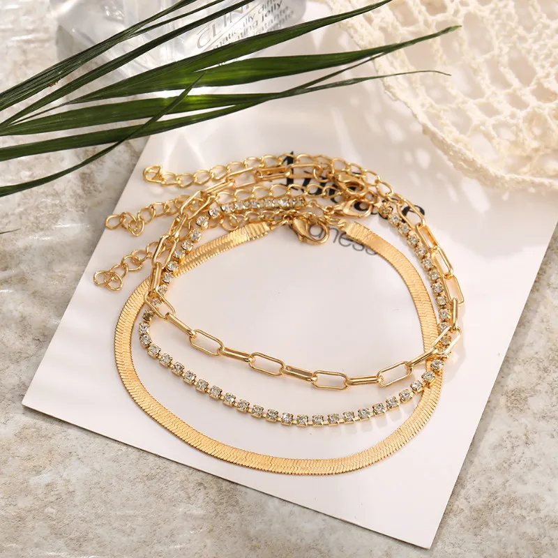 

Trendy Summer 3pcs/set Multi-layer Chain Full of Diamond Metal Anklets for Women Ankle Accessories Jewelry Gift