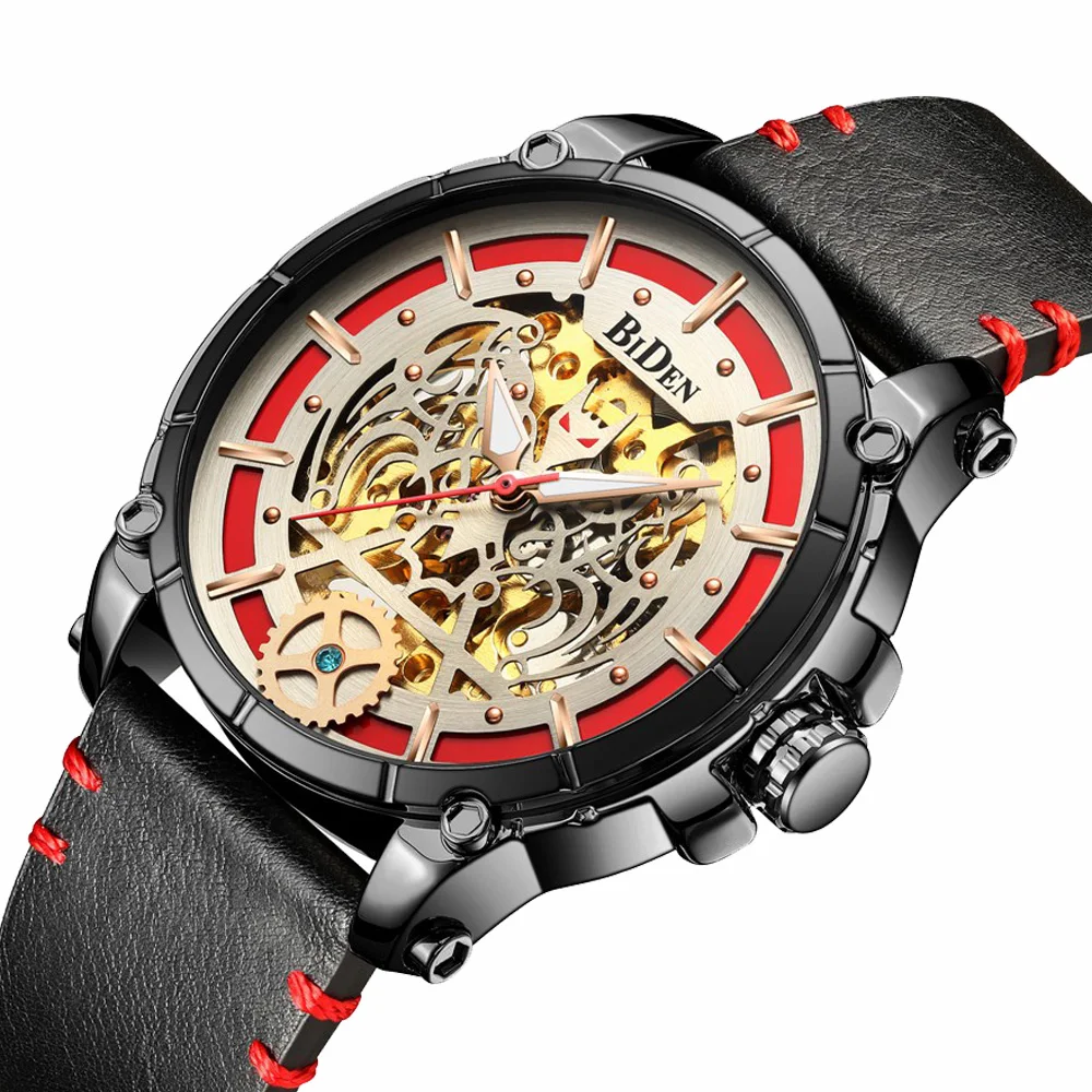 

Часы наручные BIDEN Мужские механические, роскошные брендовые золотистые Черные Водонепроницаемые деловые повседневные с отверстиями из нат...