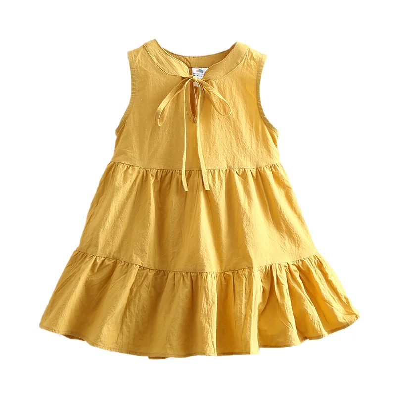 

2021 Summer 3 4 6 8 10 12 Years Solid Colour Cotton Princess Sleeveless Layered Yellow Dresses Beach Dress For Kids Baby Girls