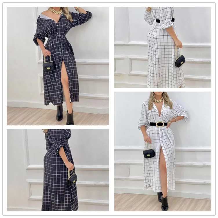 

Женское длинное платье-рубашка в шотландскую клетку, с длинным рукавом