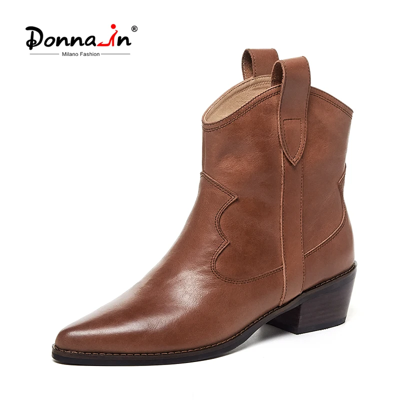 

Donna-in Vintage Brown Leather Cowboy Western Boots Cossack 2021 New Autumn Slip on Middle Chunky Heel Female Retro Shoes