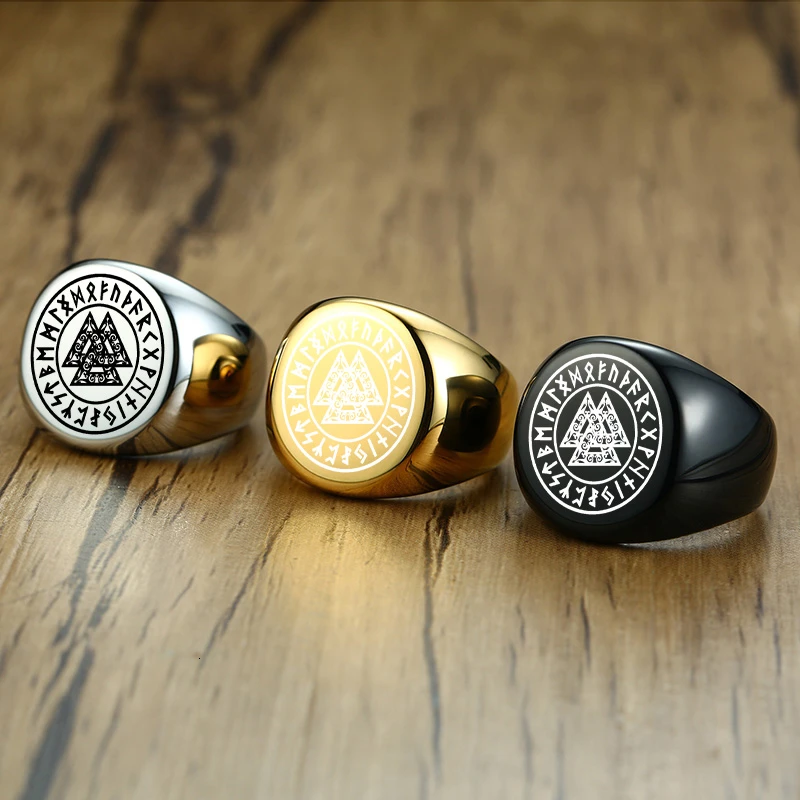 Кольцо викингов Valknut Futhark Runes Odin Черный Байкер из нержавеющей стали в