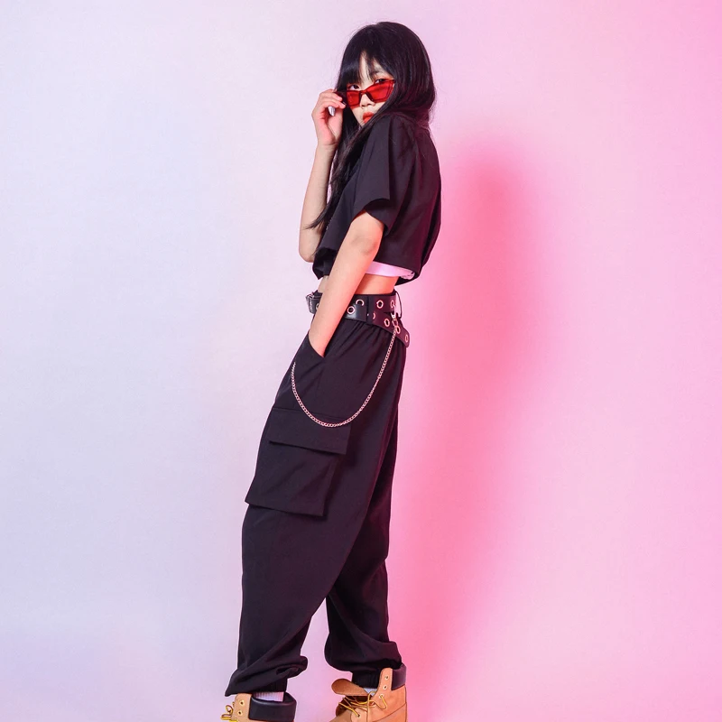 Новинка танцевальные костюмы для девочек в стиле хип-хоп черный топ с коротким