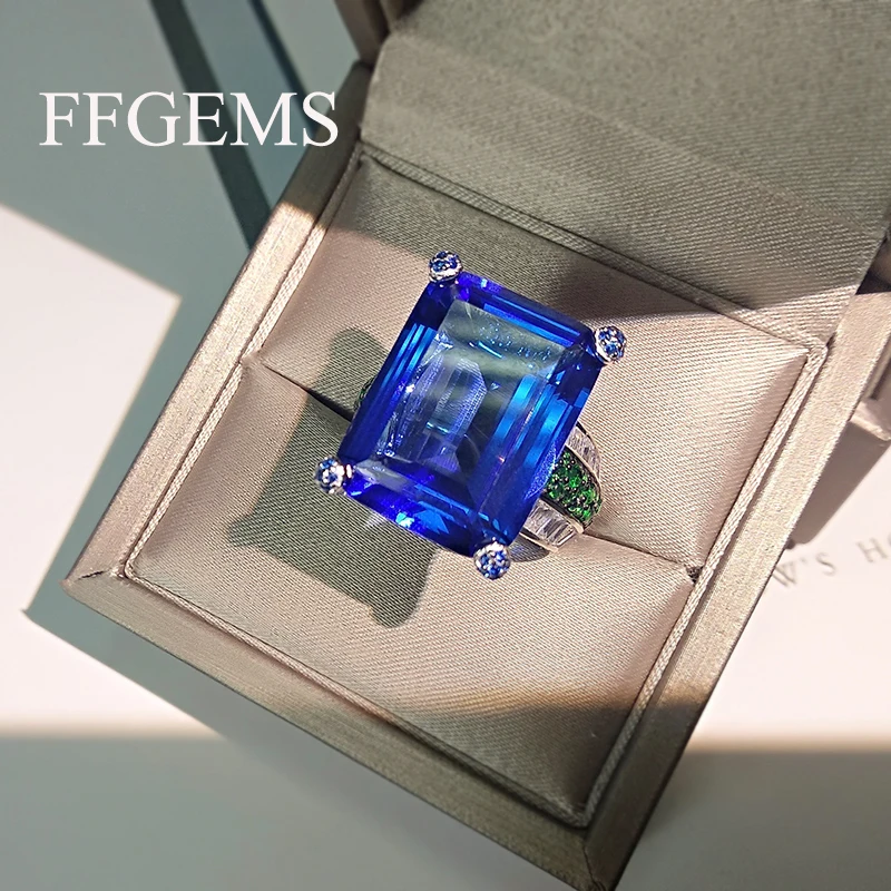 FFGEMS 100% Стерлинговое Серебро 925 пробы большие кольца голубой сапфир аквамарин
