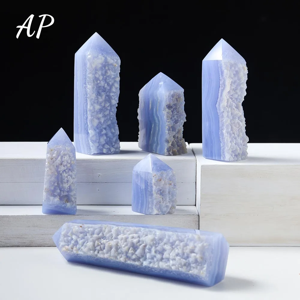 

1Pc Natural Striped Quartz Raw Stone Blue Lace Agate Point Tower Rough Mineral Reiki Crystal Healing Gemstone