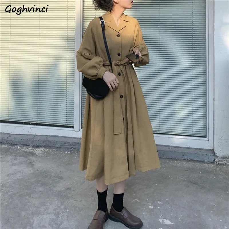 

Trench Coats Women Solid Sashes Leisure Elegant Long Coat Womens Ins Korean Style Daily Outwear Fashion Streetwear Vintage Retro