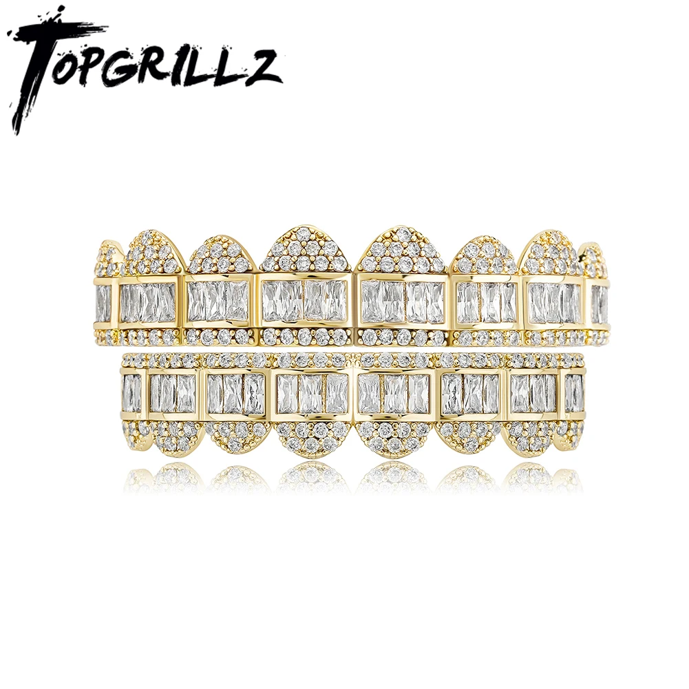 TOPGRILLZ 2021 New Baguette Set Teeth Grillz Top & Bottom 14K White Gold Hip Hop Fashion Rapper Jewelry Gift For Men Women