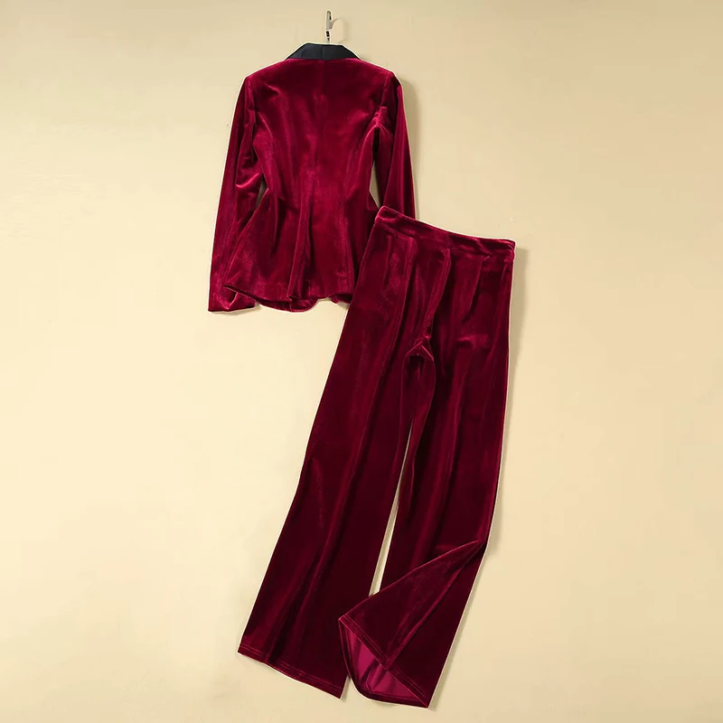 velvet 2 piece set women office work suits business casual women outfits wine red long sleeve deep v neck jacket+ long pants