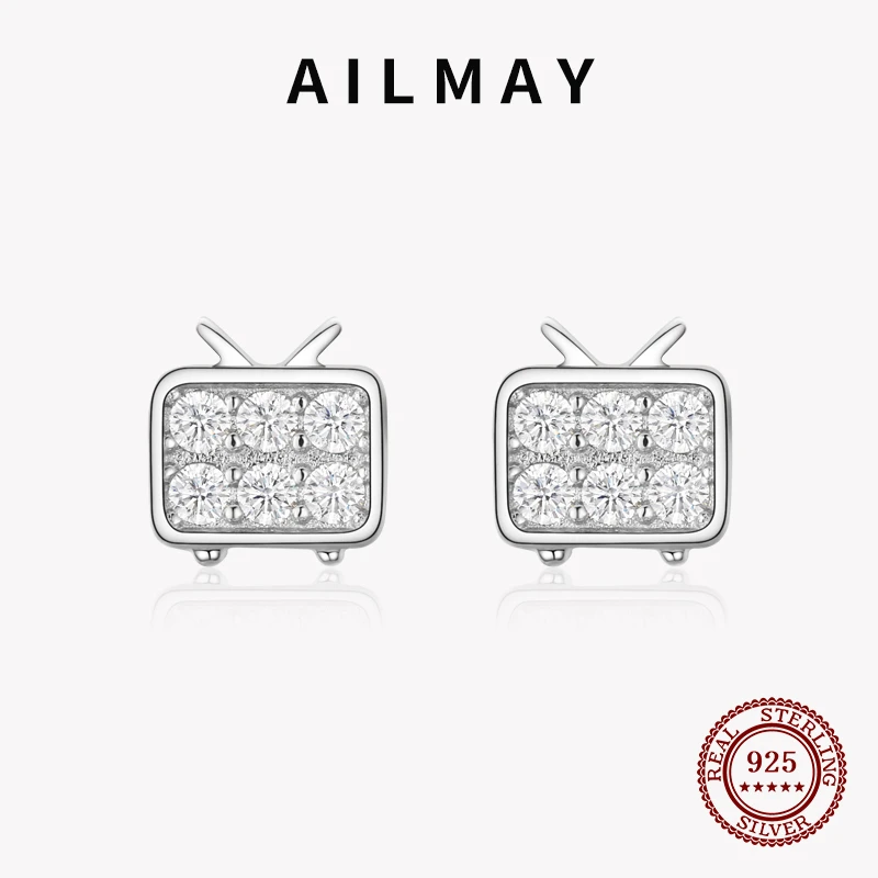 Ailmay New Sale 100% 925 Sterling Silver cute TV shape  rectangle Sparkling CZ Stud Earrings For Women Girls Fine Jewelry Gifts