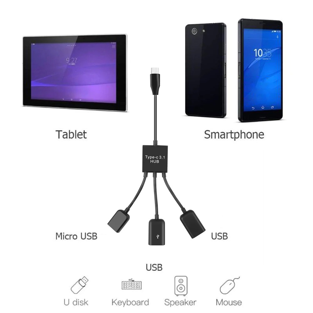 OTG 3/4 Ports Type-C 3.1 Hub Power Charging Cable Connector Adapter Black Type C To 3 USB 2.0 Port HUB Micro | Компьютеры и офис