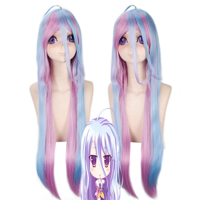 

100cm No Game No Life Shiro Natural Long Straight 2 Tones Blue Purple Mix Movies Cosplay Wig Hair For Halloween Party Wigs