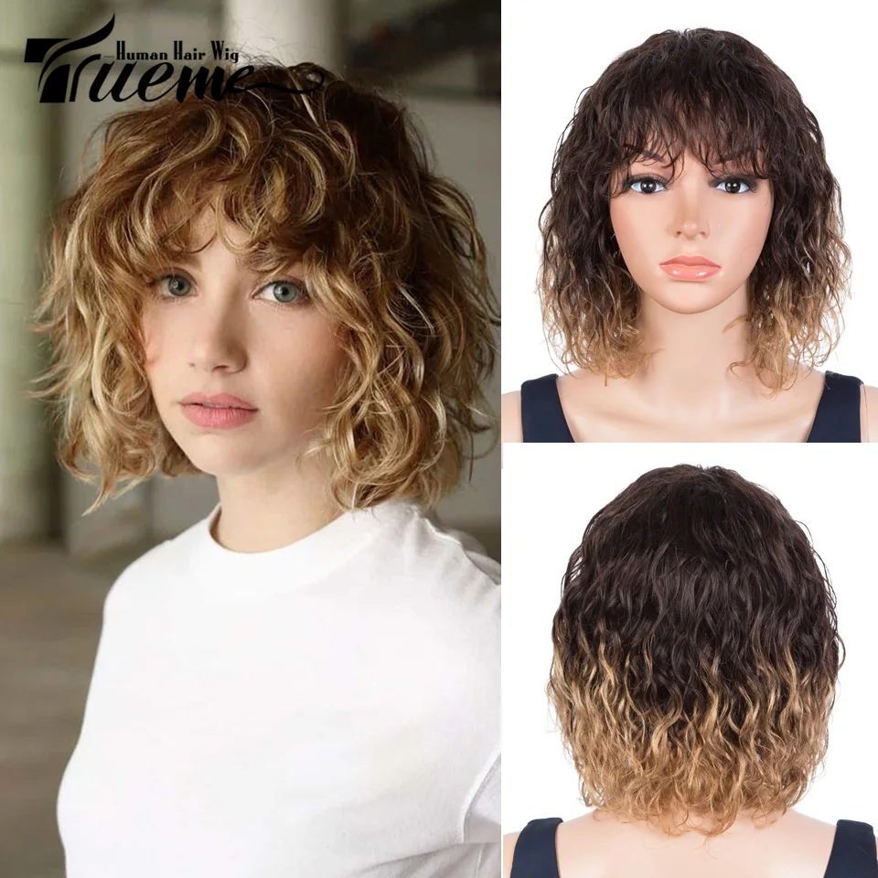 

Trueme Short Bob Human Hair Wigs Brazilian Wavy Human Hair Wig With Bangs Ombre Blonde Short Curly Bob Wig Natural Wave Full Wig