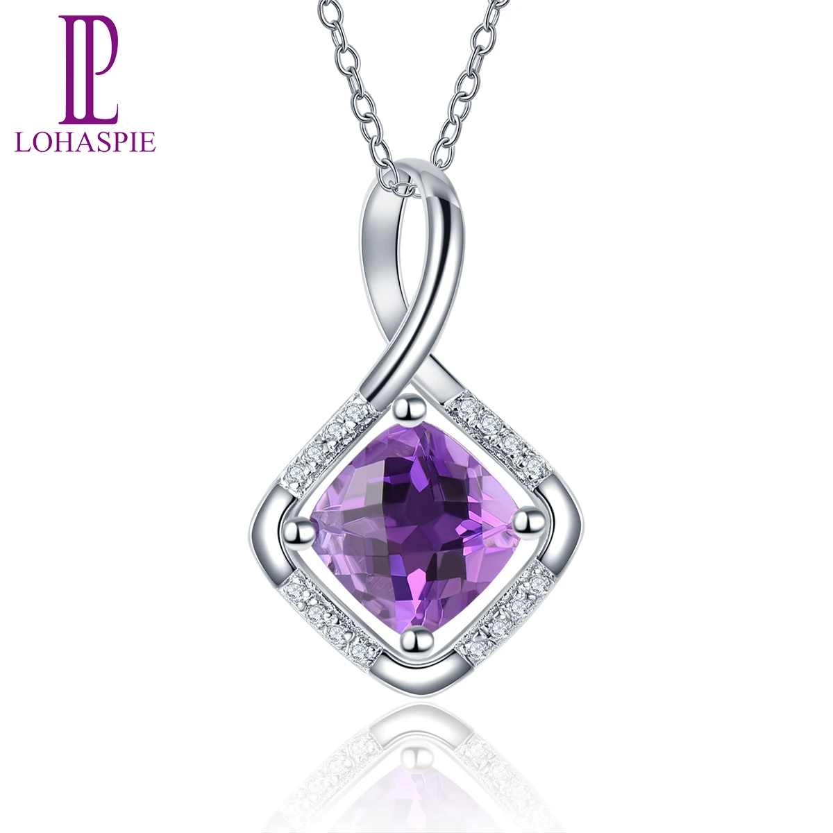 

LP K- gold Jewelry 14K White Gold Natural Amethyst Gemstone Real Diamond Engagement cushion Pendant for Women Christmas Gift