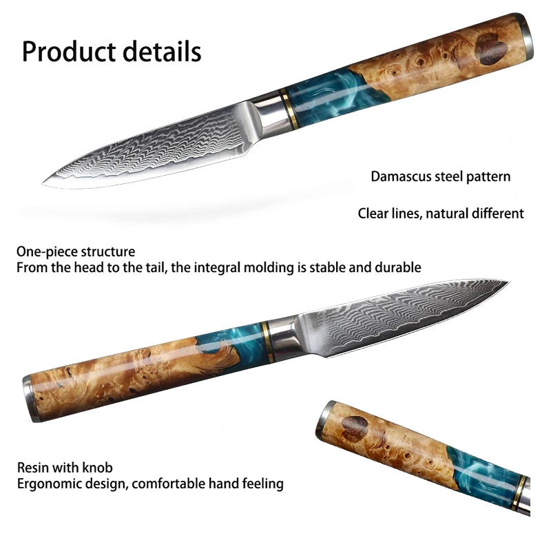 

JUNSHNEG 3-inch multi-function paring knife fruit knife 67 layers Damascus steel blade resin + wooden handle utility chef knife