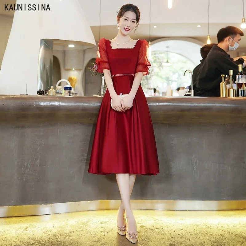 

KAUNISSINA атласное платье трапециевидной формы коктейльные платья/женские модные ботинки, полусапожки, ботильоны с квадратным воротником по колено винтажное праздничное платье для выпускного вечера вечерние платья для вечера встречи выпускников платье