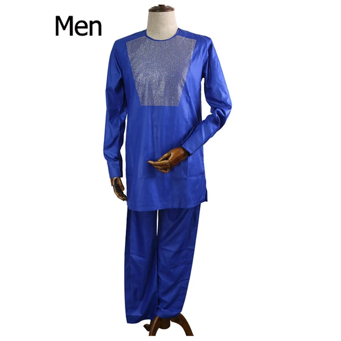 men blue H& D африканская пара одежды костюмы Длинные платья для женщин африканские мужчины Дашики рубашка брюки набор новая одежда с сияющими камнями - Цвет: men blue