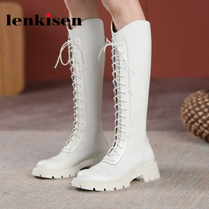 

Женские сапоги на среднем каблуке Lenkisen, сапоги большого размера из натуральной кожи с круглым носком, высокие сапоги до колена в Корейском с...