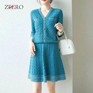 Женский трикотажный комплект из 2 предметов, кардиган в полоску с V-образным вырезом и короткая юбка