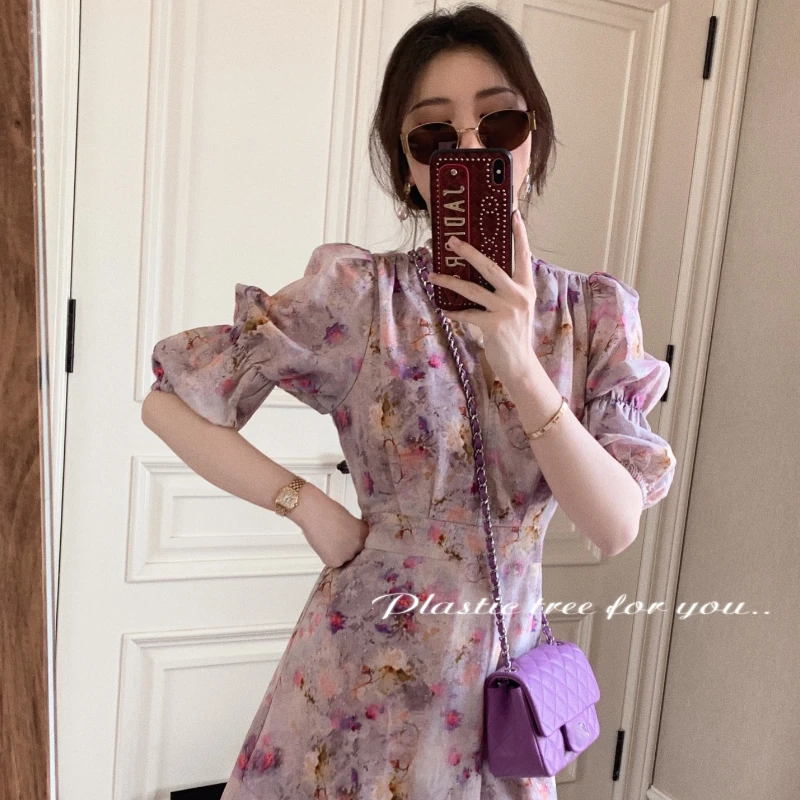 

Retro Puff Sleeve Cotton and Linen Women Dress Summer High Waist Floral Print Female Vestidos Elegant Vintage Party Dress