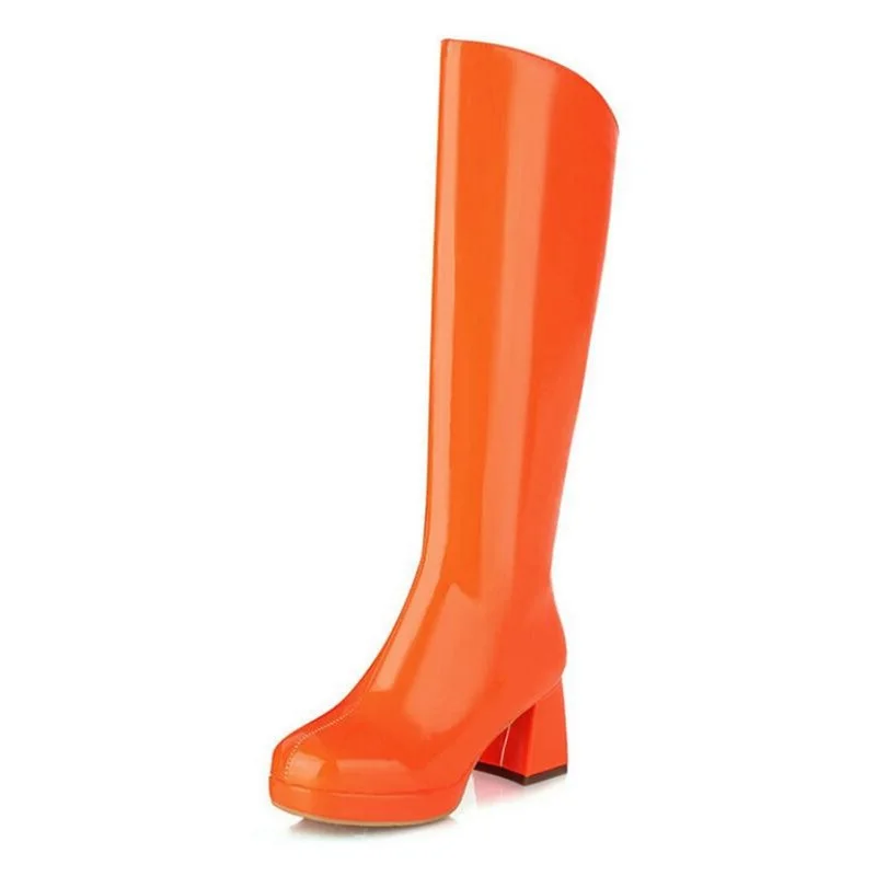 

women's high-top boots candy color patent leather square toe thick-heeled knight boots knee-length pole dance boots women shoes