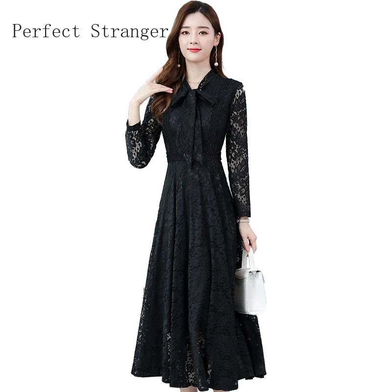 

2020 Spring New Arrival High Quality Plus Size S-3XL Bow Collar Long Sleeve Women Lace Long Dress