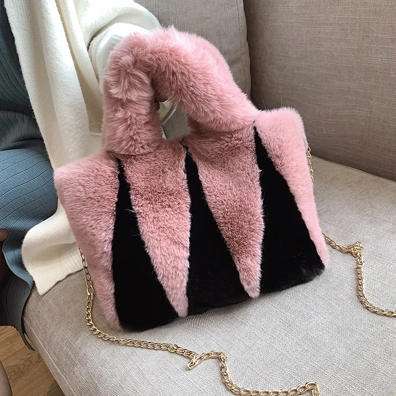 

Зимняя пушистая плюшевая Женская сумочка, модные сумки из искусственного меха для женщин, маленькая мягкая сумка-тоут, сращивающаяся цепь, ...