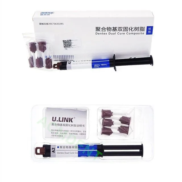 

1Box DENTEX Dental Dual Cure Composite Post Core Crown Build Up Component A+B Self Curing Light Curing WithMixing Tips A2 Shade