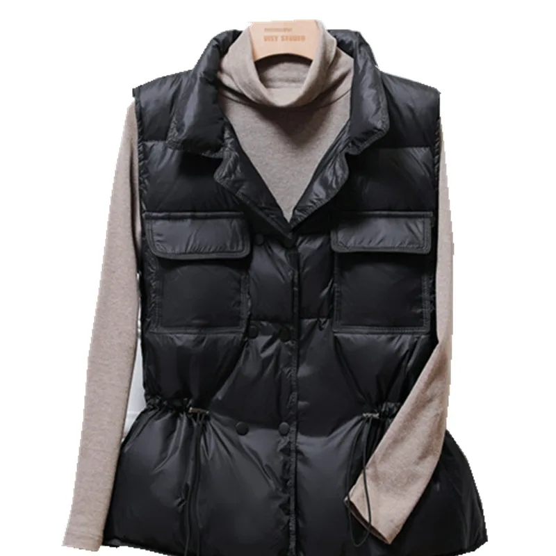 

White Duck Down Jacket Women's Short 2021 Spring and Autumn Fashion Stand-up Collar Waist Thin Waistcoat Vest Jacket