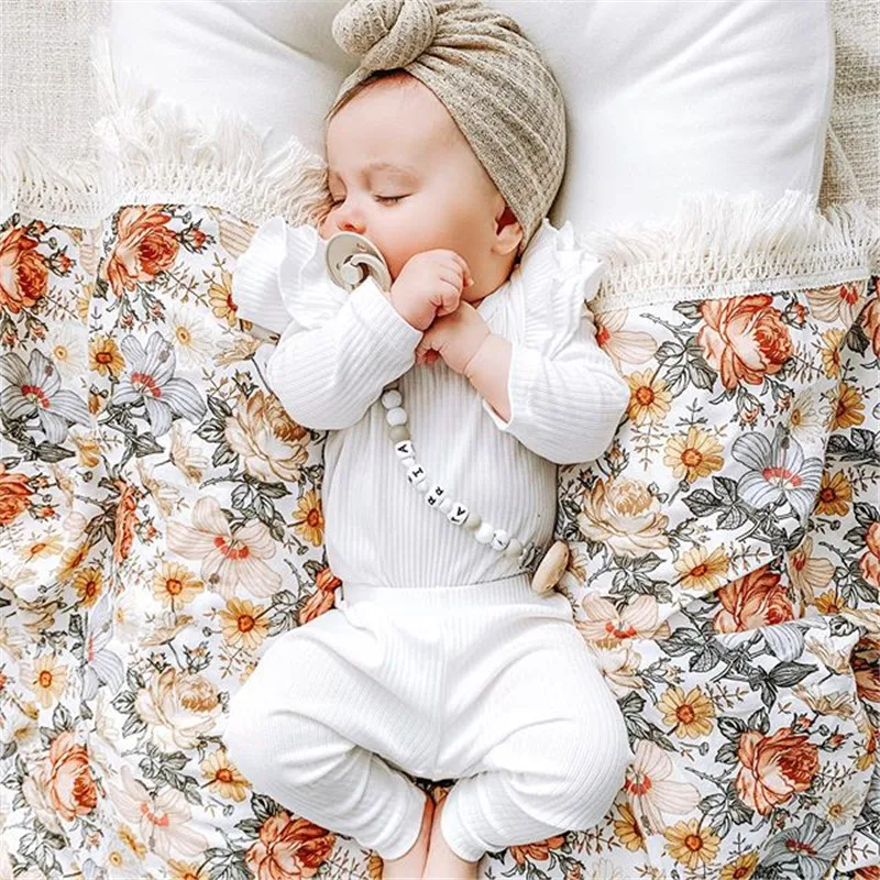 

Lovely Infant Baby Girls Solid Ribbed Outfits Romper Suit Long Sleeve Falbala Round Neck Elastic Long Pants Autumn and Spring
