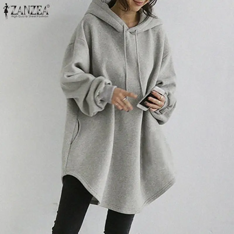 

2021 Autumn Solid Loose Sweatshirt ZANZEA Casual Long Sleeve Sweatshirt Lady Stylish Oversize Tops Womens Fashion Hooded Hoodies