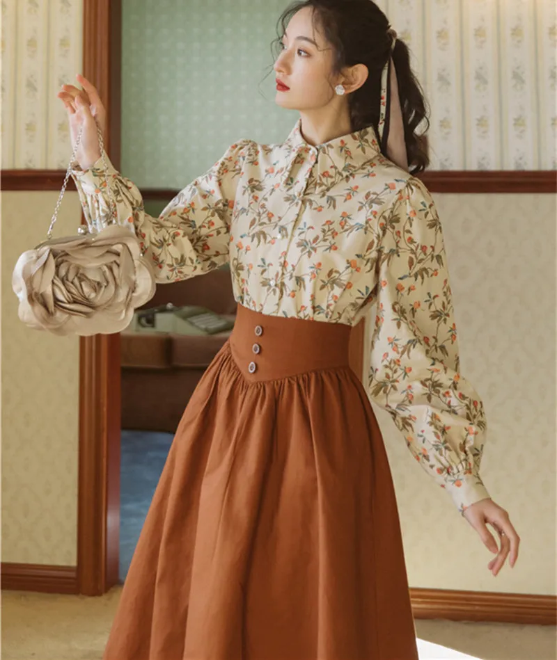 

Korean Fashion Women Outfits Autumn Long Sleeve Print Flower Shirt Vintage Blouse Tops & Brown Maxi Skirt For Elegant Lady Suits