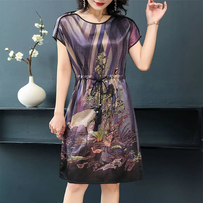 

Women's summer casual silk print fashion short-sleeved o-neck dress ladies casual mother temperament dress SS615