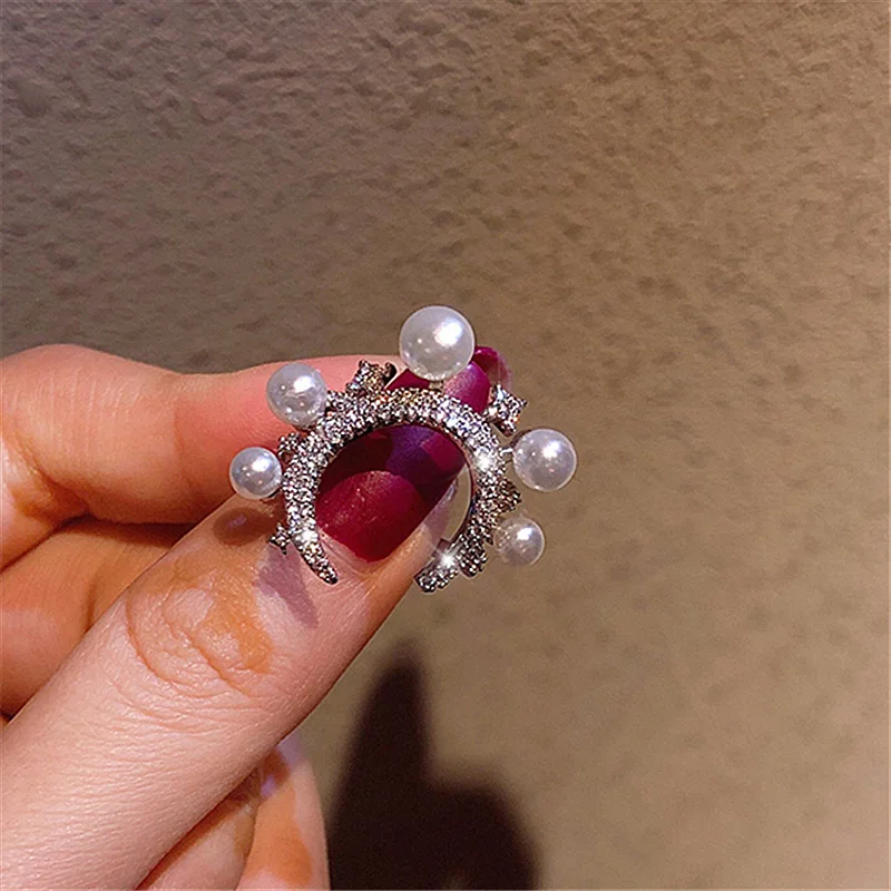 

Micro Pave Zircon Pearl Big Moon Rings For Women 2021 New Fashion Jewelry Personality Statement Open Ring bijoux Adjustable Gift