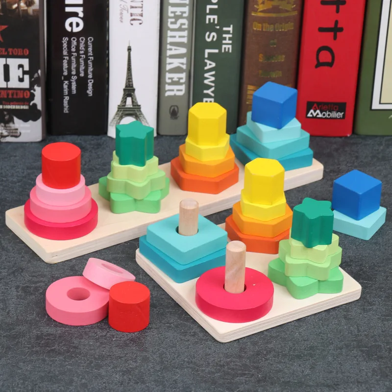 

Children's Wooden Geometric Sleeve Column Shape Cognition Matching Baby Early Education Intelligence Toy Game Wood Blocks