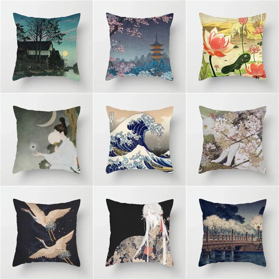 

Short Plush Cherry Blossom Japanese Style Rabbit Mount Fuji Sofa Cushion Pillow Cover Lumbar Cushion Cover Throw Pillowcase