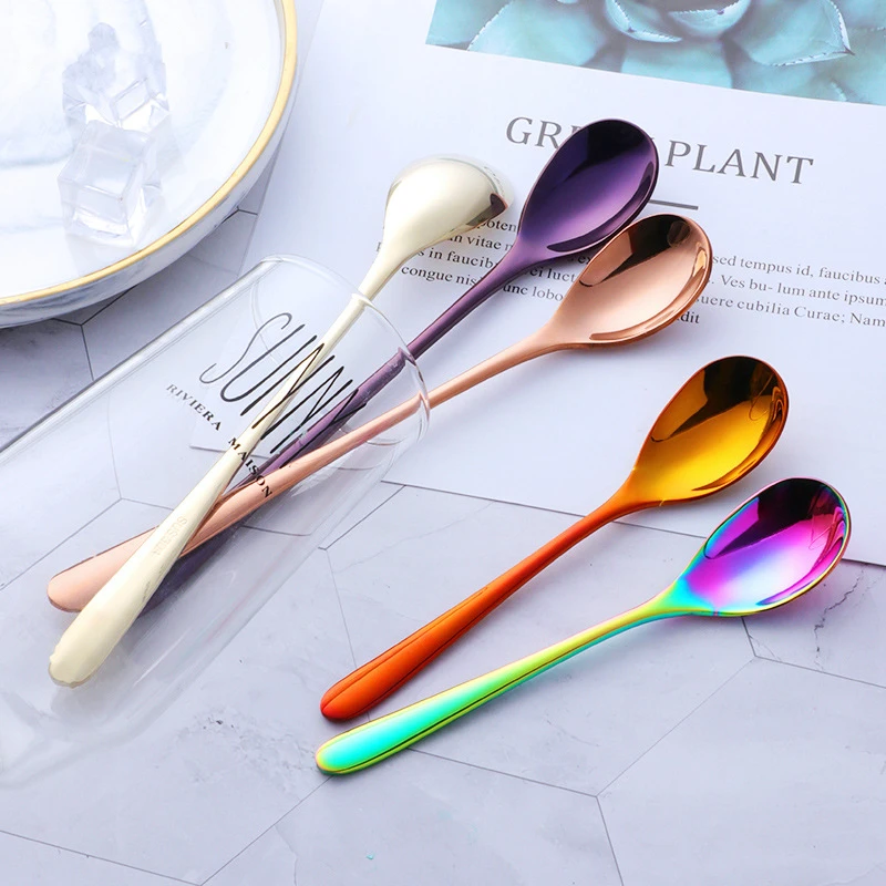 

Stainless Steel Ice Cream Spoon Long Handle Tableware Coffee Stiring Spoons Dessert Teaspoon Kitchen Dinnerware Utensils