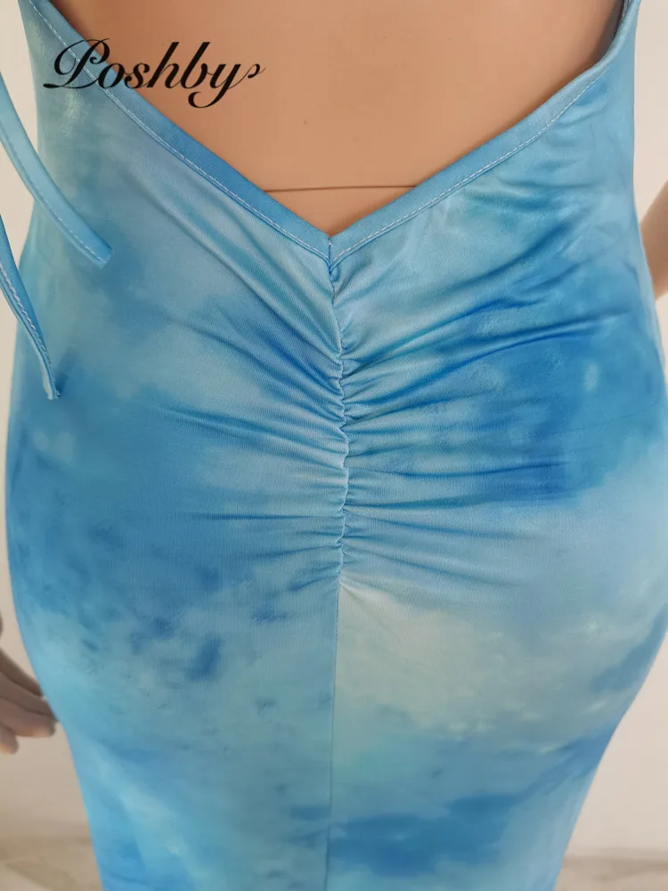 

Poshby Summer Tie Dye Printed Maxi Dress Sexy Sleeveless Backless Lace Up Long Dresses 2021 Elegant Evening Dress for Women