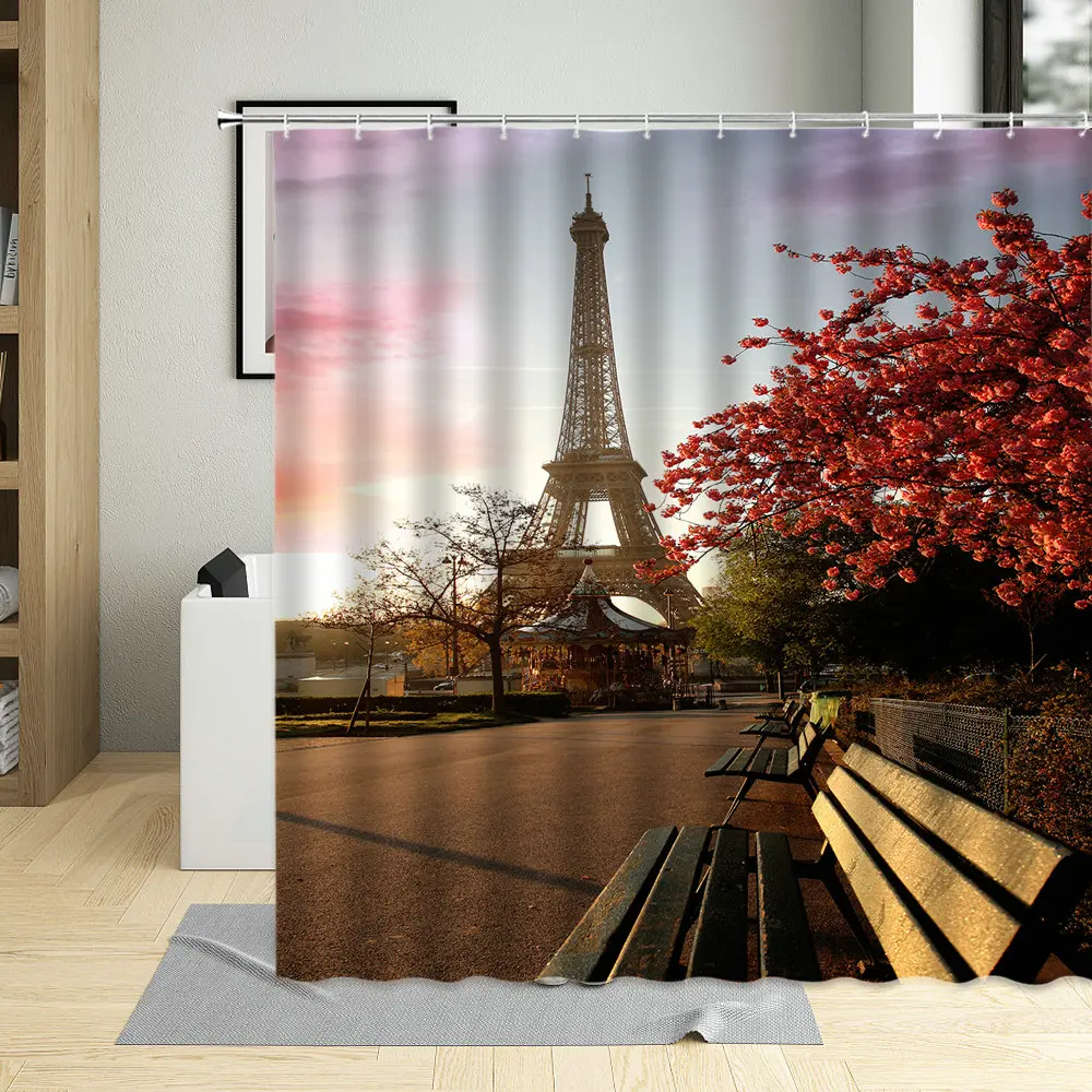 

Retro Building Paris Iron Tower Waterproof Shower Curtains Bathroom Decor Polyester Fabric Multi Size Cloth Curtain With 12 Hook