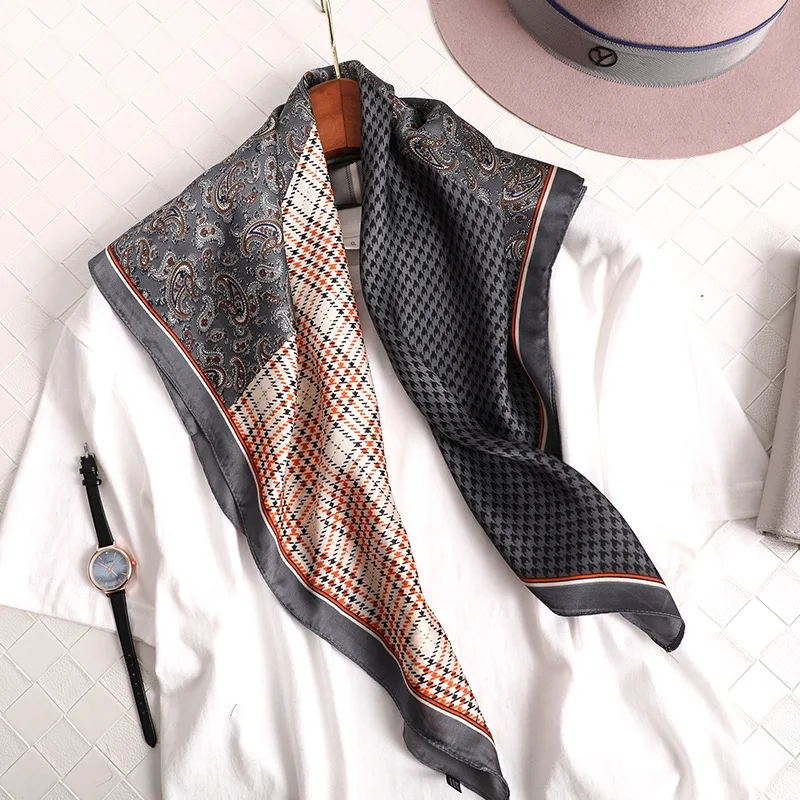 

Spring Autumn New Elegant Atmosphere scarf Women Female Plaid Retro 70cm Square Sunscreen Pashmina Chiffon Hijab Silk Scarves